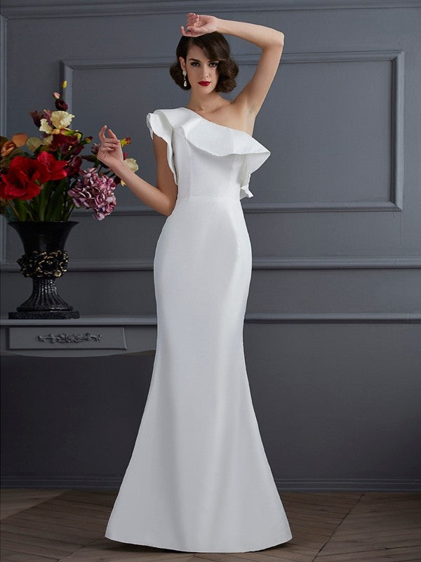 Vestidos largos de tafetán con volantes, sin mangas y un solo hombro, corte trompeta/sirena